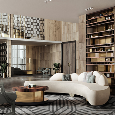 FITZROY Sofa, LALLAN II Center Table, BATAK Bold Armchair, LALLAN Bookcase, CAUCA Rug II